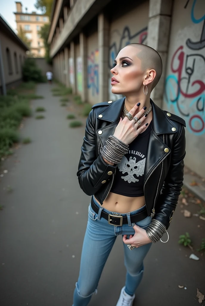russian milf woman, biker gang member, shaved head, with very light blue eyes, extremely pale, heavy eye shadows. Thin. Sad face, smeared excessive make up and smeared lipstick Wearing black moto jacket, cropped t-shirt with devil logo, skinny blue jeans and white tennis sneakers . Lots of metallic bracelets. Tacky leather belt with oversized, excessive silver buckle. One hand in her neck, the other in one pocket. Lots of rings. Wide loop earrings. Looks up like talking to God, mouth and eyes open. Bites her lip