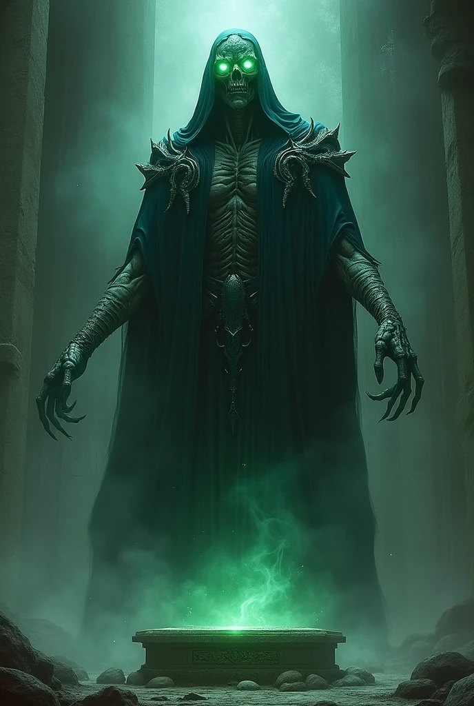 - **Height:** Nearly 7 feet tall, **Skin:** Sickly, translucent, veins visible, **Eyes:** Green, glowing faintly, **Hair:** Long, silver.
- **Appearance:** Tall, imposing, dark robes with silver and emerald accents, angular features, claw-like fingers twitching.