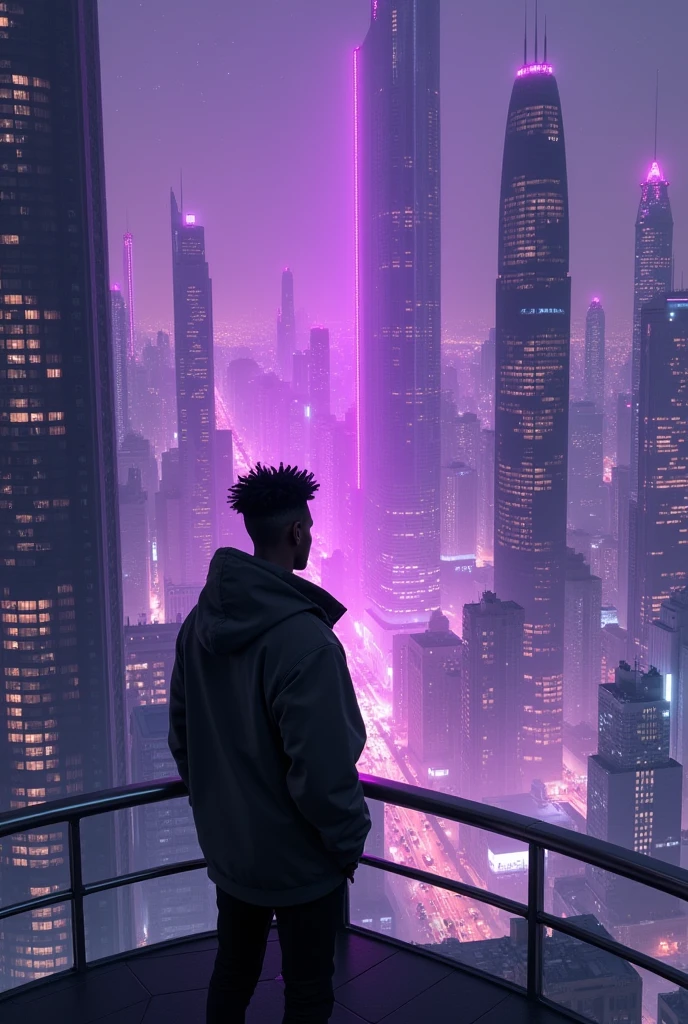 A young black man, wearing jacket, Observe from the terrace of a building a futuristic city at night, The city buildings have purple lights, The buildings look technological, The people on the streets have unsettling aspects