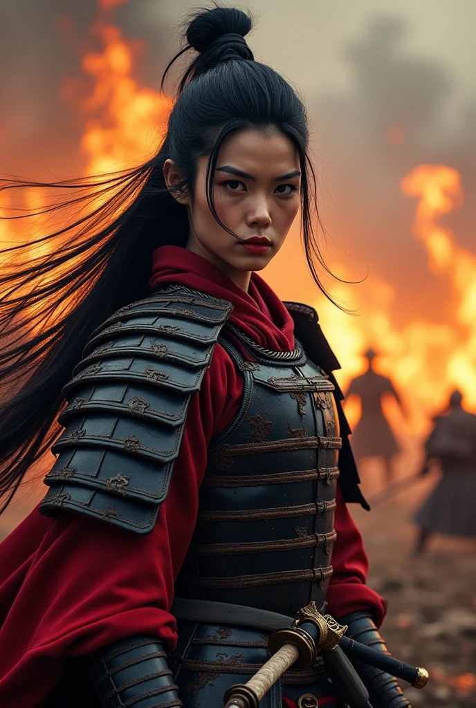 Japan Female Samurai、Female warriors of the Sengoku period、not wearing a helmet、Scene of fierce fighting、There are many people fighting around、Flames are rising all around、Sense of presence。Real、Genuine、26 age、Black Hair. make up, red lips, battle damaged armour.