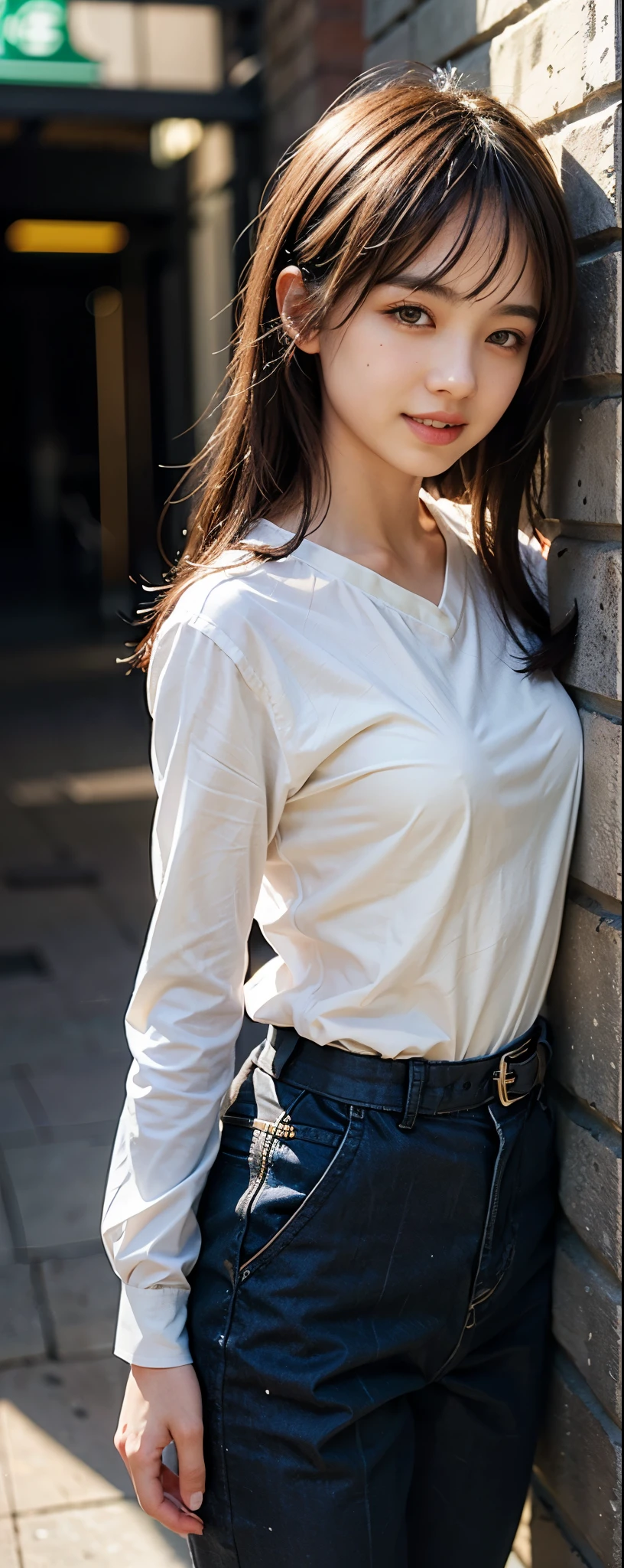 top-quality, intricate detailes, chromatic abberation, 1girl, dark-straight hair, White Highlights, sharp eye, undergarment, short pannts, put the shirt into the pants, Cowboy Shots, wind lift, (oversize shirt: 1.2 inch),against a wall, Concrete walls, doodle, autumn season, soft lighting, alleyway, a little bit smile