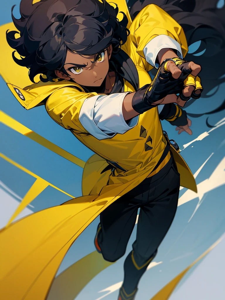 Image of a dark skinned man with curly black hair wearing a yellow shirt and a white jacket with blue details on top and wearing black fingerless gloves, com design based on the style of a pokemon trainer.