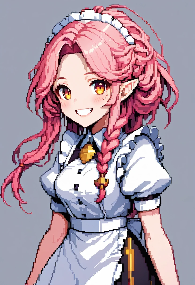 (8-bit pixel art style) (solo:2, 1000 yo), (beautiful detailed Sunburn skin:1.4) (immensely beautiful elf woman) (Dreadlocks;1.6 pink hair long hair) (beautiful smile) (glossy lip, grin mouth) (small tits), in a detailed master maid uniform, break, background white, BREAK, perfect anatomy, masterpiece, best quality, beautiful detailed 8-bit pixel, daydreaming expression.