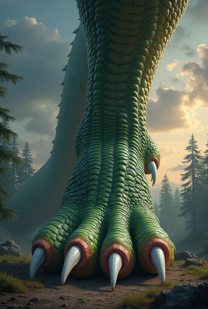  giant dragon feet , They measure exactly 46 centimeters. They have a thin layer of red hair on the instep and knuckles. They are green on the dorsal side and yellowish underneath . His cartilage and veins are marked , haciéndolos ver muy fuertes y stocky. He has slightly wide knuckles , Increasing the strength of their huge toes. His toes are very long, stocky , Large and hairy , They also have very sharp white claws. His big toe and the second are the same length and the rest decrease in length slightly. And his big toe , Is quite separated from the rest , Leaving a space between the big toe and the rest of the toes.