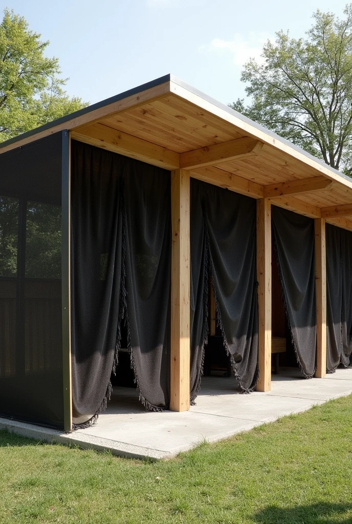 The structure is built mainly with a wooden frame, which provides support and stability. The walls are covered with a black mesh, that acts as a barrier to the sun and wind, offering shade and protection for animals. On top, there is a canvas cover that protects from water and inclement weather. The floor appears to be made of cement, which facilitates cleaning and maintenance. besides, there are wooden panels that are used to close or open spaces as needed. THIS IS A REFERENCE IMAGE OF A RECTANGULAR FIGURE WHERE IT HAS THE FOLLOWING MEASURES The measures are 4,5 meters long
Divided into three segments of 1,50 meters high each
1,80
2,80
The curtains are made of plastic with fringes and are hung at 1,70 meters wide
Three measures of 1.5
1m
Y ,0,5
They are placed in the divisions of the segments in the center and at the exit