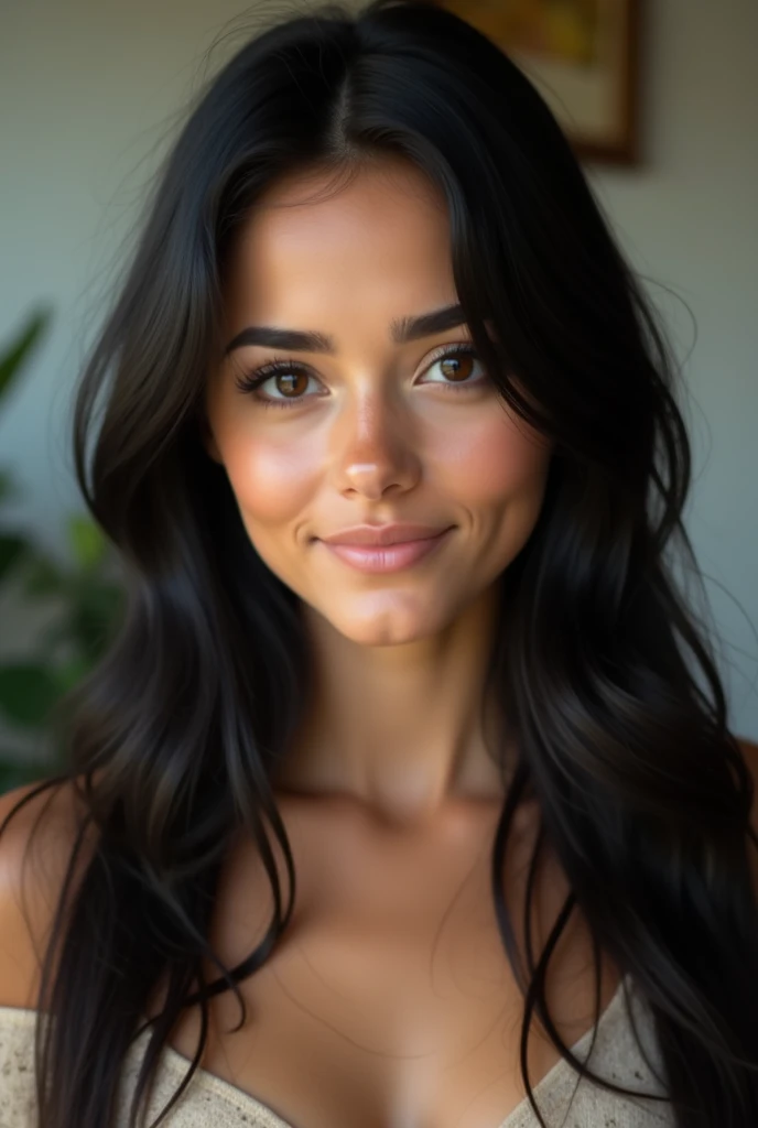 A Brazilian girl The girl in the images has a delicate and graceful appearance. She has a fair complexion, with a smooth, light skin tone that adds to her overall elegance. His soft face, rounded features that give him a young and approachable appearance. Her hair is long, dark, and straight, reaching down past her shoulders. The deep black color contrasts beautifully with your skin tone. In both images, her hair is down, framing her face naturally, with a slight center parting that adds simplicity to her style. His eyes are large and almond-shaped, with dark, expressive and well-defined eyebrows. Her gaze is gentle but thoughtful, giving her a contemplative expression in the first image, while in the second image, she is smiling, showing a warm and friendly demeanor. Her eyelashes are long, accentuating her eyes. She has a small, straight nose and well proportioned face. Her lips are full and naturally pink, with a subtle smile visible in the second image. The shape of your lips adds softness and overall femininity.
