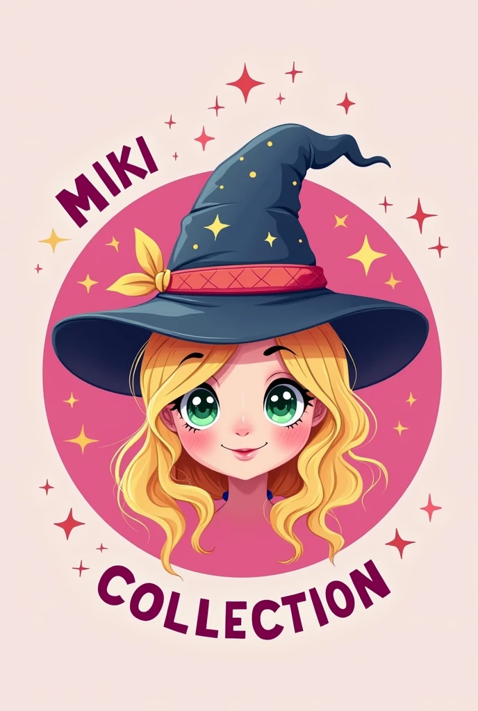 Create a logo drawn with the face of a cute witch with a sign that says:MIKI WORD COLLECTION
Let the witch be blonde
Put the drawing in a circle shape and put stars on it
Let the background of the circle be pink