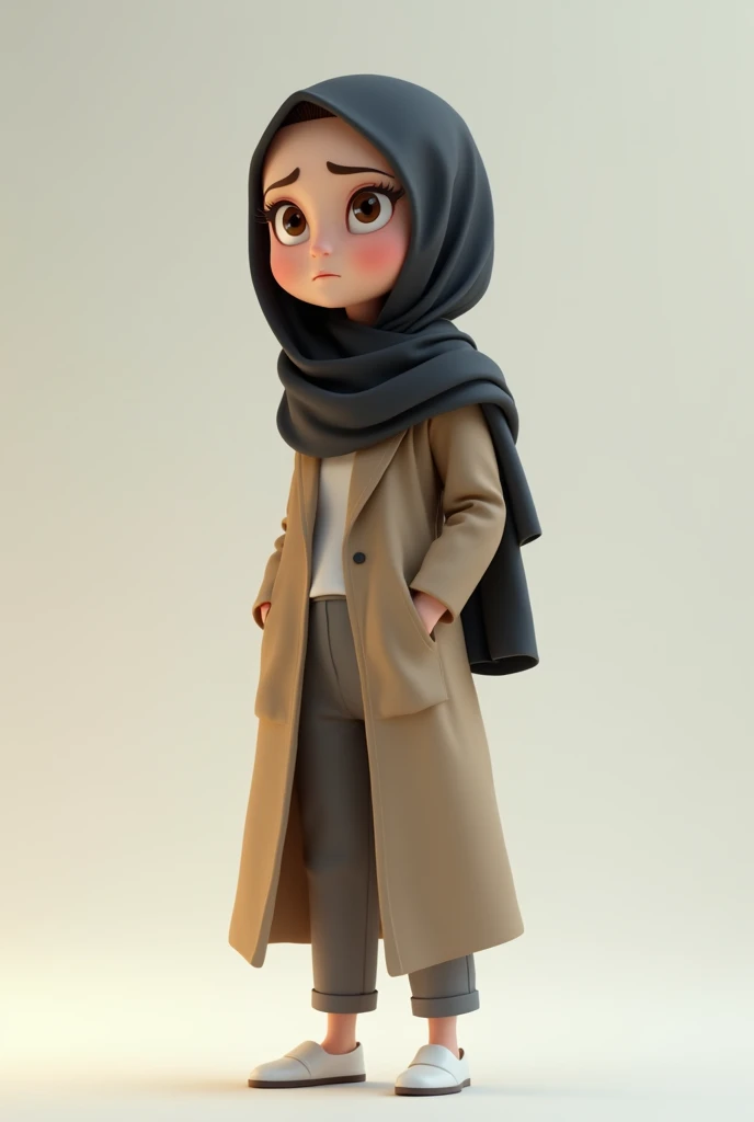 Create a 3D realistic animation of a young woman wearing a hijab. She should have a youthful appearance, dressed in a modest yet modern outfit. She is standing, wearing white shoes. Her facial expression should depression, with subtle details in her eyes, eyebrows, and mouth showing a stressed state. The animation should capture her full body, focusing on her posture and expression to reflect her emotional turmoil. The background should be simple, ensuring that her emotions are the central focus