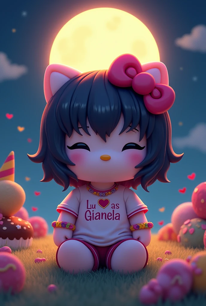 Hello Kitty with half-wavy black hair down to neck length, she has a pink bow, she has a shirt with the initials Luis and Gianela, sitting watching the full moon, she has shorts and bracelets, and a heart-shaped necklace. and has sweets next to it