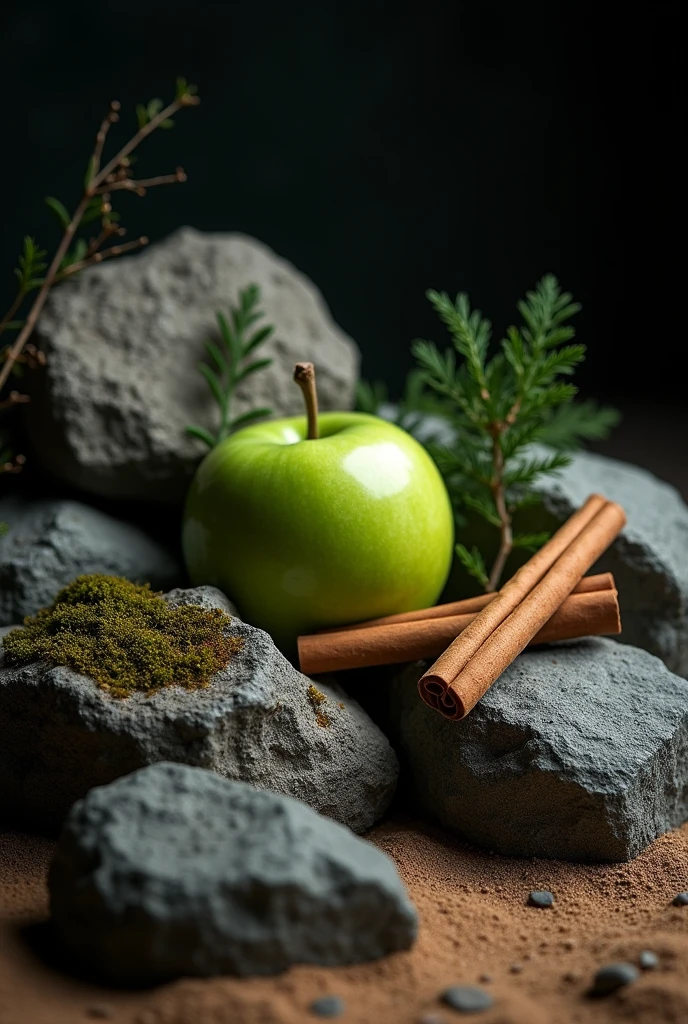 rocks with green apple and cinnamon with sand ,
in a dark environment, with moss and patchouli