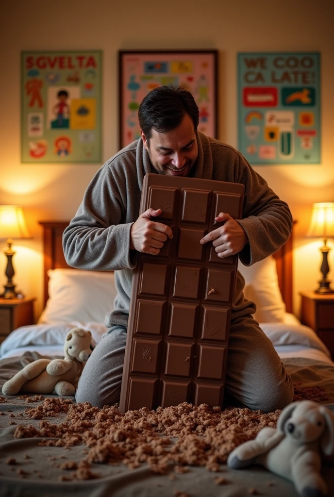Homme qui se bat contre un chocolat dans son lit