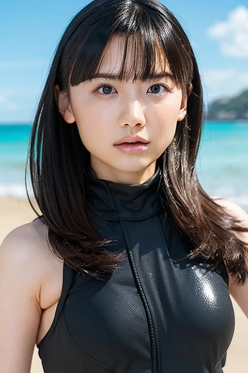 masterpiece, Highest quality, Unreal Engine, Super Resolution, Very detailed, Complex, colorful, Clear images, Sharp focus, Digital Blending,
One beautiful woman, One Japan actress, ashidamana, Perfect Eyes, Perfect Face, Ultra detailed hair, Ultra detailed face, Very detailed lips,Vivid expression, Healthy Body, Detailed sweat glands of beautiful and cute real Asian mix, Smooth skin texture, Carefully drawn,
(humidity:1.2), Beautiful Eyes, (Attractive face:1.2), (Beautiful Skin), (Big Breasts), (Super glossy wetsuit), Puffy nipples, Tight waist, Sticky with sweat, (Oily skin), oily suit, In a dynamic pose,
Studio Photo, Outdoor, At the Beach, cowboy shot,