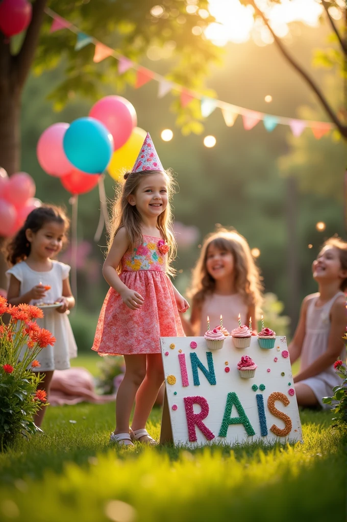A girl celebrating her birthday next to a sign that says it "IN RAÏS"