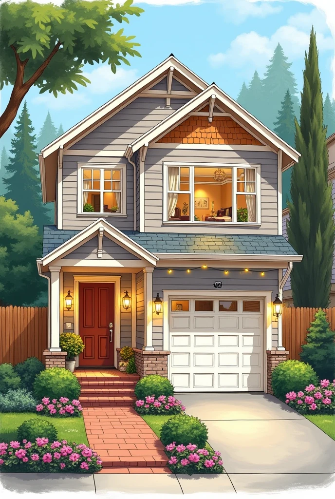 House drawing with bedroom, living room, kitchen, garage, bathroom and patio