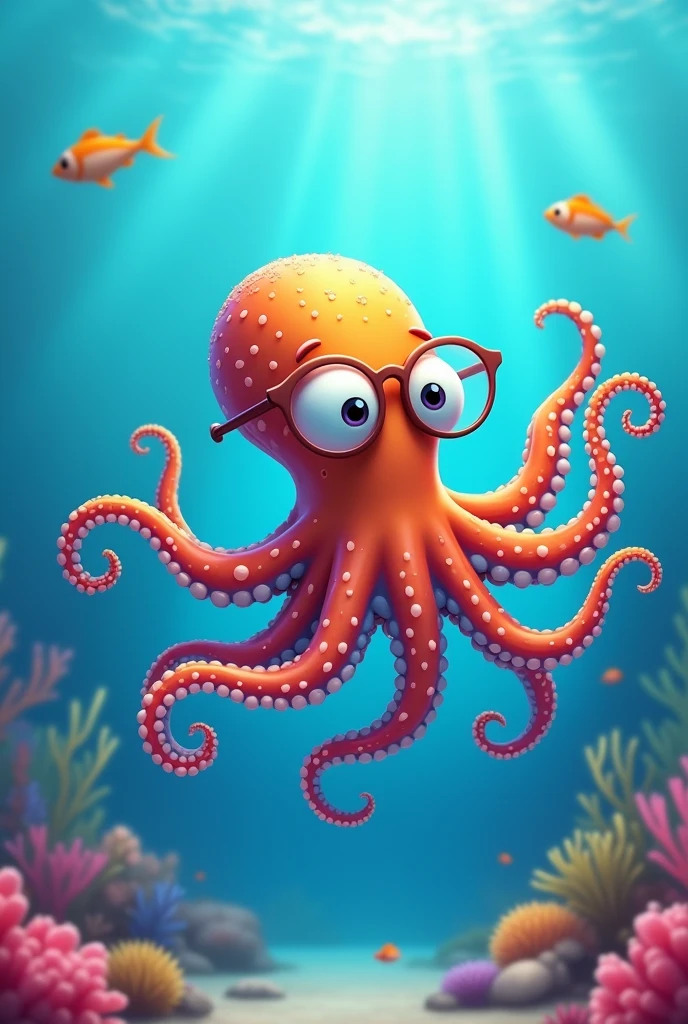 create an octopus with 7 tentacles, that is multicolored, that has glasses, baby animation
