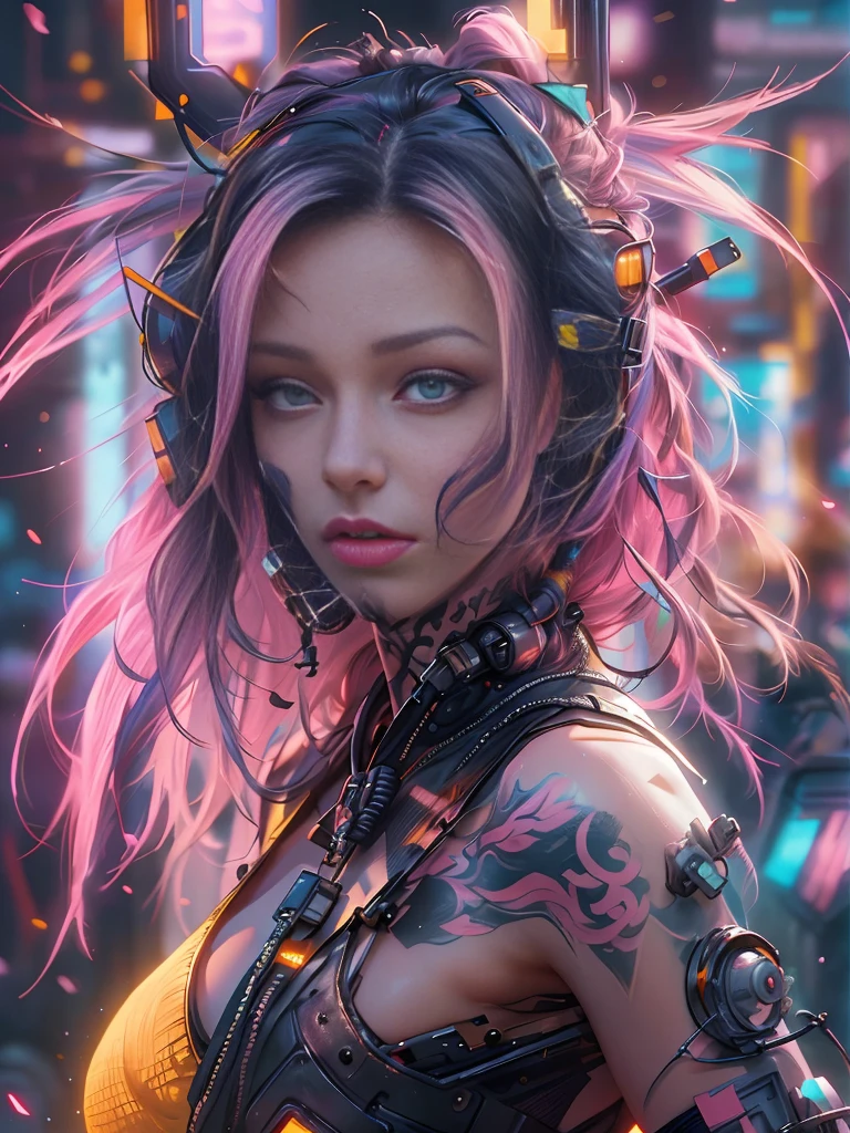 cyber punk Girl,(top-quality、8K、32K、masterpiece、nffsw:1.3)、(The ultra -The high-definition)、(Photorealsitic:1.4)、Raw photography, long neon rainbow colored hair, Perfect vibrant yellow eyes and long detailed eyelashes, huge enormously gigantic tits, cleavage showing, wearing futuristic battle armor, tons of tattoos and piercings, Charming perfect figure,actionpose:1.2,Detailed cyberpunk fashion、futuristic World of Cyberpunk,cherry blossoms blowing in the wind, depth of fields, highly detailed backround,、