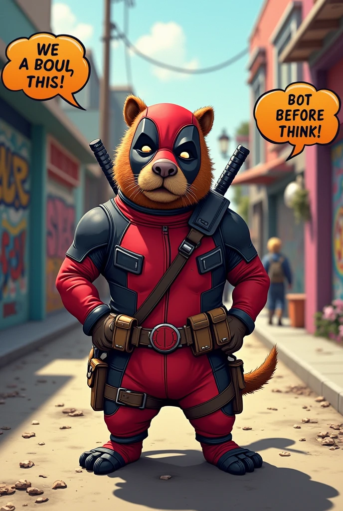 a humanoid capybara dressed in the Deadpool uniform
