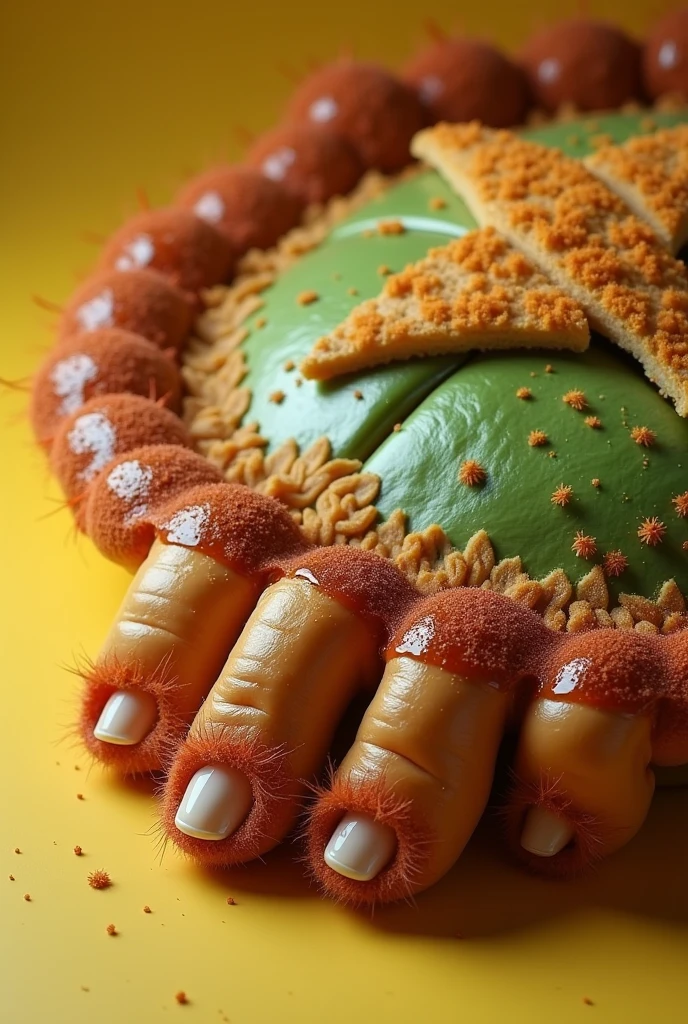 giant pies , They measure exactly 46 centimeters. They have a thin layer of red hair on the instep and knuckles. They are green on the dorsal side and yellowish underneath . His cartilage and veins are marked , haciéndolos ver muy fuertes y stocky. He has slightly wide knuckles , Increasing the strength of their huge toes. His toes are very long, stocky , Large and hairy , They also have very sharp white claws. His big toe and the second are the same length and the rest decrease in length slightly. And his big toe , Is quite separated from the rest , Leaving a space between the big toe and the rest of the toes.