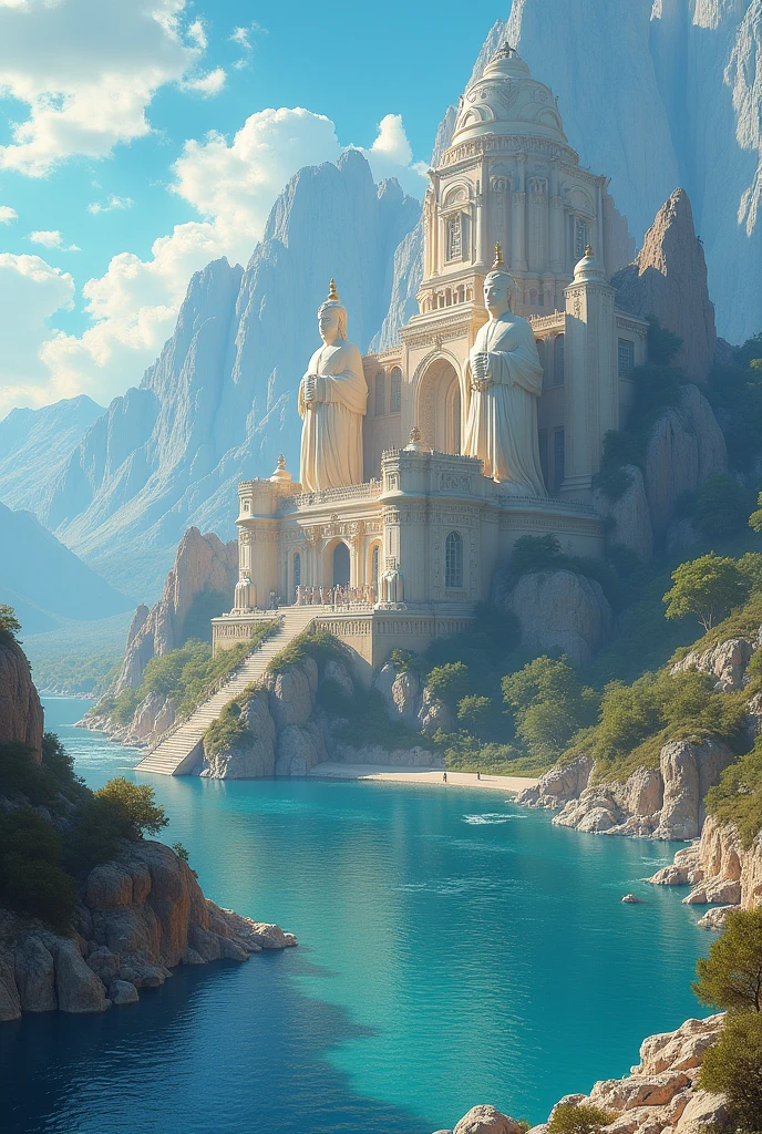 Majestic palace on top of a mountain , ivory-covered , with giant statues of kings guarding it , next to it, an imposing river presents itself in an atmosphere full of light and trembling