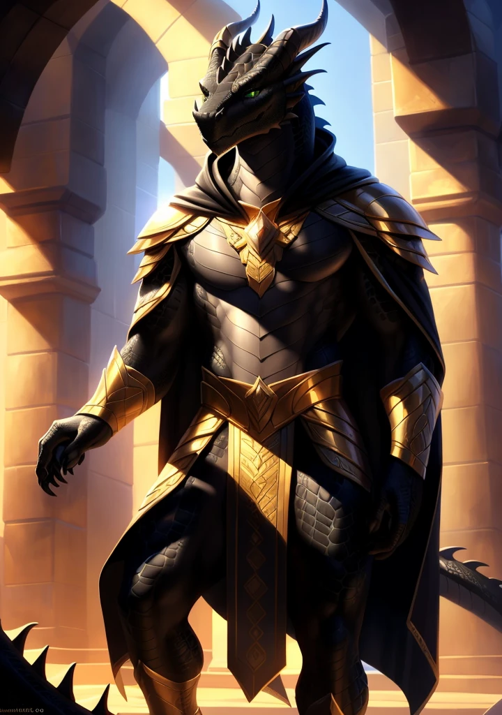 Realistic, detailed, beautiful, masterpiece, HDR, castle interior background, fantasy setting, king, ((gold armor, gold breast plate, gold pauldrons, gold greaves, gold leg armor, wearing gold armor, black robes, black cloak, wearing black robes and cloak)) dragon, anthro, male, male full body, black skin, (black scales:1.9), (two long thin horns:1.3), green eyes, detailed eyes, perfectly shaped body, confident majestic pose, finger black claws, masculine facial features, seductive gaze, neutral facial expression, black pointed ears, standing tall, out doors, daytime 

(detailed Bonifasko lighting), (detailed scales), (detailed skin), (male dragonborn), BREAK, ((long flowing tail)), ((facing viewer)), (cinematic lighting), ((detailed background)), ((full body portrait view)), (((full body view))), (good lighting), [backlighting], [crepuscular ray], [detailed ambient light], [gray natural lighting], [ambient light on the belly], (higher wildlife feral detail), [explict content], [sharp focus], (????????????????????), (shaded), ((masterpiece)), furry dragonborn, reptilian face, furry Fantasy Art, furry Art, Commission for High Res, anthro Art, POV furry Art,Sakimichan beautiful, masterpiece, best quality, detailed image, bright colors, detailed face, perfect lighting, perfect shadows, perfect eyes, green eyes, flawless face, face focus, full body, (masterpiece:1.21), (best quality:1.2), (illustration:1.2), (cinematic lighting:1.3), detailed scales, balanced coloring, global illumination, ray tracing, good lighting, scales, anthro, well lit 