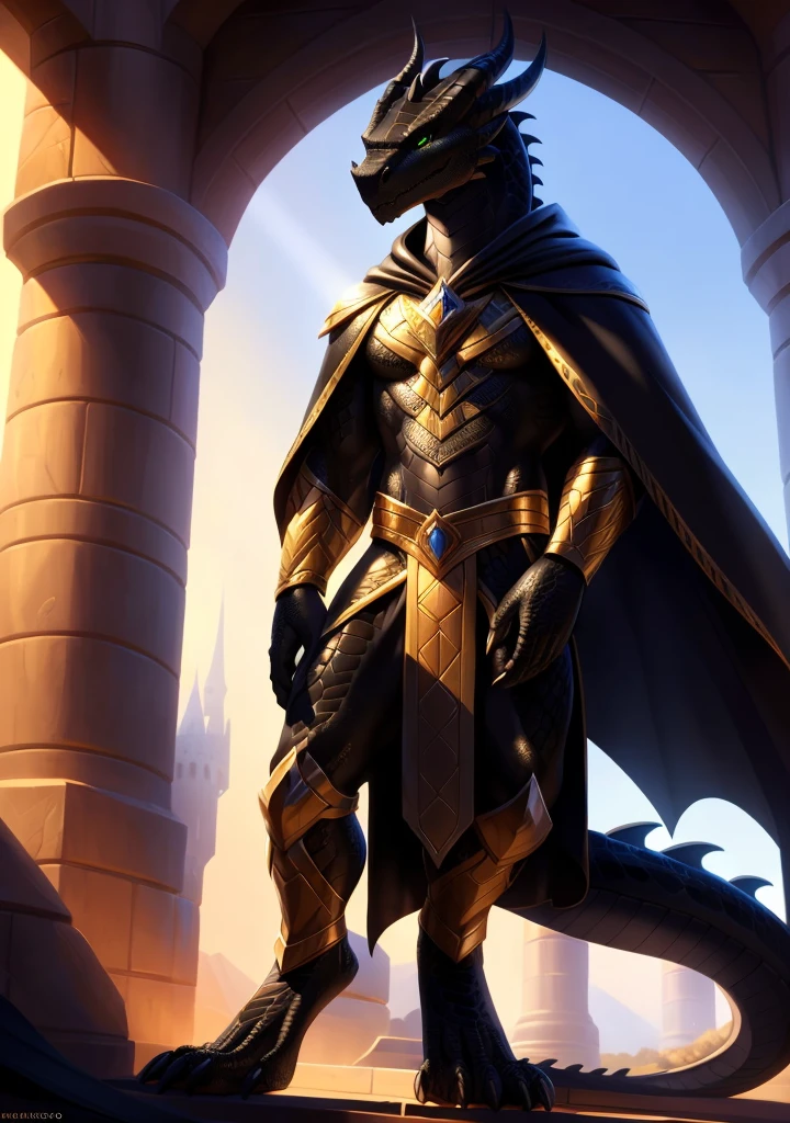 Realistic, detailed, beautiful, masterpiece, HDR, castle interior background, fantasy setting, king, ((gold armor, gold breast plate, gold pauldrons, gold greaves, gold leg armor, wearing gold armor, black robes, black cloak, wearing black robes and cloak)) dragon, anthro, male, male full body, black skin, (black scales:1.9), (two long thin horns:1.3), green eyes, detailed eyes, perfectly shaped body, confident majestic pose, finger black claws, masculine facial features, seductive gaze, neutral facial expression, black pointed ears, standing tall, out doors, daytime 

(detailed Bonifasko lighting), (detailed scales), (detailed skin), (male dragonborn), BREAK, ((long flowing tail)), ((facing viewer)), (cinematic lighting), ((detailed background)), ((full body portrait view)), (((full body view))), (good lighting), [backlighting], [crepuscular ray], [detailed ambient light], [gray natural lighting], [ambient light on the belly], (higher wildlife feral detail), [explict content], [sharp focus], (questionable content), (shaded), ((masterpiece)), furry dragonborn, reptilian face, furry Fantasy Art, furry Art, Commission for High Res, anthro Art, POV furry Art,Sakimichan beautiful, masterpiece, best quality, detailed image, bright colors, detailed face, perfect lighting, perfect shadows, perfect eyes, green eyes, flawless face, face focus, full body, (masterpiece:1.21), (best quality:1.2), (illustration:1.2), (cinematic lighting:1.3), detailed scales, balanced coloring, global illumination, ray tracing, good lighting, scales, anthro, well lit 