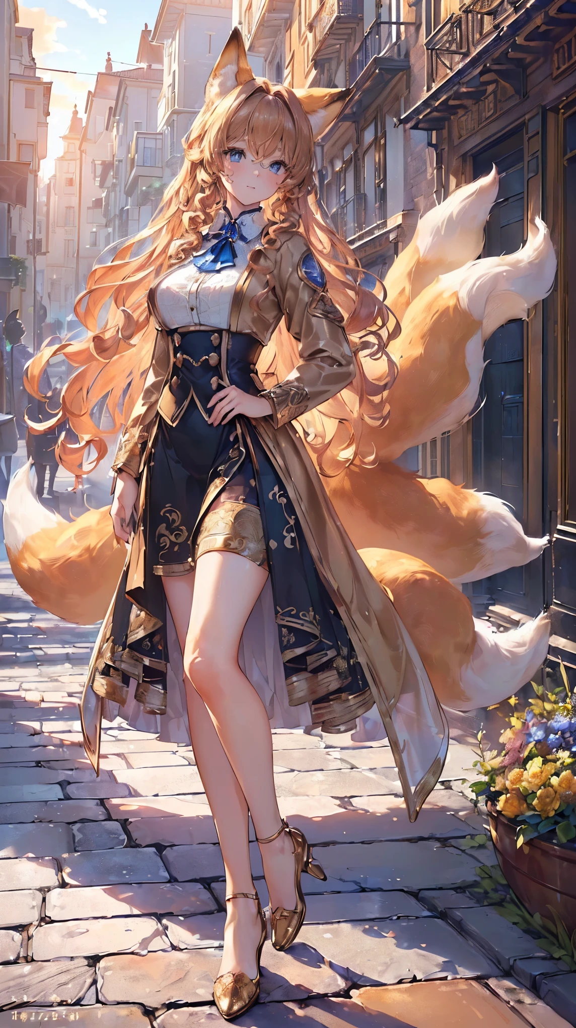 (((masterpiece))), (((highest quality))), ((ultra-detailed)), ((super fine illustration)), ((ultra-fine painting)), ((16K highest quality wallpaper:1.4), (Full body:1.6), HDR, Highly detailed and delicate illustration style:1.8, Detailed skin texture, Detailed cloth texture, Extreme detailed description, (T-masterpiece), (Highly detailed face:1.2), (Highly beautiful and detailed fox ears:1.2), (Highly beautiful and detailed (Golden brown) curly-hair:1.2), (Highly beautiful and detailed blue eyes:1.2), (Highly beautiful and detailed fox-nine-tails:1.2), Original, RAW photo, Professional, Intricate details, Super details, Perfect anatomy:1.4, Highly detailed hands, Highly detailed fingers, Highly detailed fingertips, (25-years-old:1.4), Real, (Solo:1.6), (A mysterious and sacred (fox) women model with fox-nine-tails and blue eyes:1.4)) BRAKE ((Beautiful and adorable fox ears:1.6), (Highly detailed and delicate fox ears:1.2), (Beautiful and adorable fox-nine-tails:1.2), (Highly detailed and delicate fox-nine-tails:1.2), (Beautiful and well-shaped big breasts:1.2), Beautiful and well-shaped buttocks, (Beautiful and shiny (Golden-brown) Curly-hair:1.6), (Highly detailed and delicate (Golden-brown) Curly-hair:1.4), (Beautiful and clear blue eyes:1.6), (Highly detailed and delicate blue eyes:1.2), (Highly detailed face:1.4), (Smile:1.3), (Blush:1.2), (Looking at viewer:1.4), (Dynamic pose:1.2), (Celebration:1.4)) BRAKE ((Bright dark brown jacket:1.5), (Collared shirt:1.4), (Tiered skirt:1.4)) BRAKE (Concept-art) BRAKE (((Highly detailed and beautiful streets of European capitals in the background just after noon in spring:1.6), (Just after noon:1.4), Very detailed and delicate streets of European capitals:1.2)) BRAKE