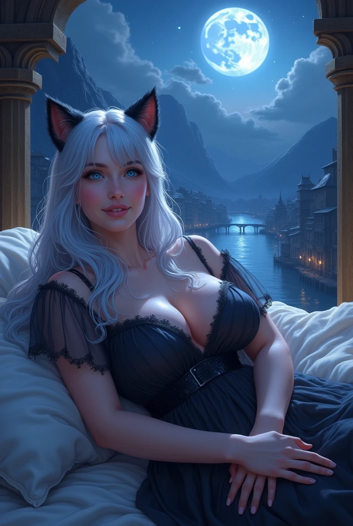  Very detailed, Highest quality, Soft Skin, beautiful, 4K, Anime art style, Fantasy World, One person, Blue Eyes, bluish white hair, Black cat ears, A translucent black separate dress, Wavy Long Hair, mature, Large Breasts, A gentle smile, Lie down on the bed, Reach out your hands here, Medieval streetscape, Moonlit Night, Distant view of mountains and rivers