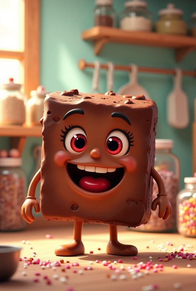 An animated brownie personified with legs and arms, a smile and red eyes like after smoking