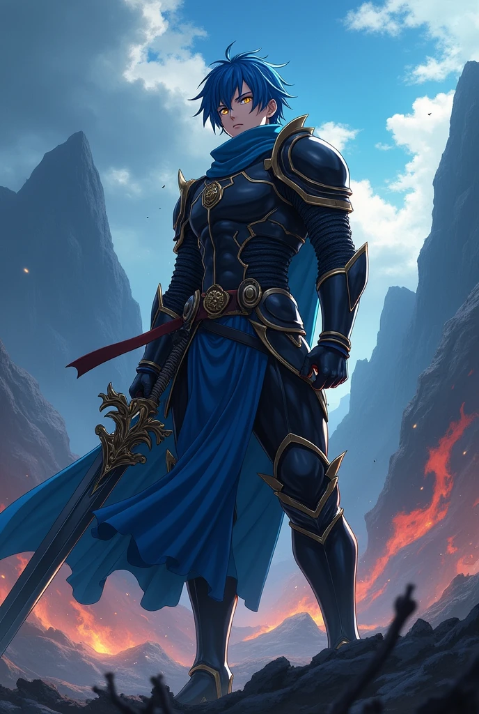 Anime young man, short hair, 1.80 meters tall, 19 years old, with big greatsword, blue hair, golden eyes and pitch black armor.