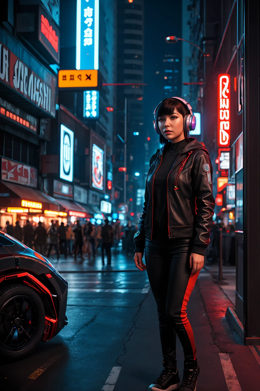 A woman wearing headphones stands next to a robot, Cyberpunk Art by Jason A. Engle, society, retrofuturism, Ilya Kuvshinov, sf, Futuristic, Vibrant, photoRealistic, Realistic, dramatic, Cinema Lighting, Sharp focus, 8k