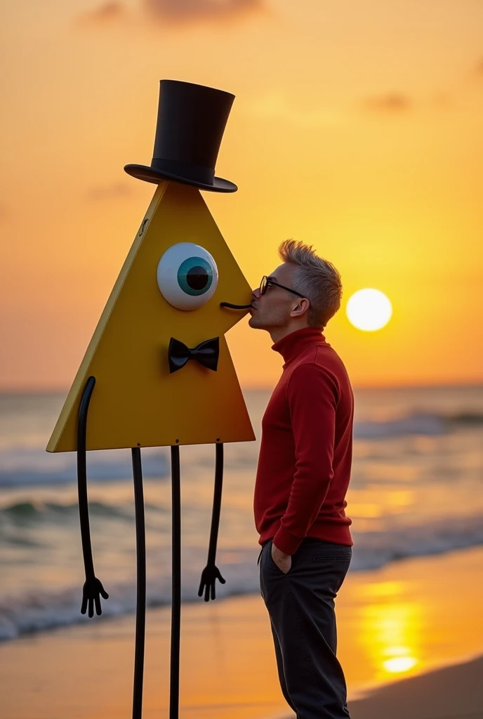 a realistic image of a floating Two-dimensional yellow triangle with a giant eye with a black iris , that eye is in the middle of his body , This character does not have a mouth, but it does have two thin arms and two legs like spaghetti that are black, The triangle is wearing a long black top hat and A black bow tie under his eye. This character will be kissing a handsome man with gray hair, black plastic glasses, a kind of red turtleneck, and dark pants. The background will be a sunset on the beach. The main characters will be centered in the image kissing very close to the camera.