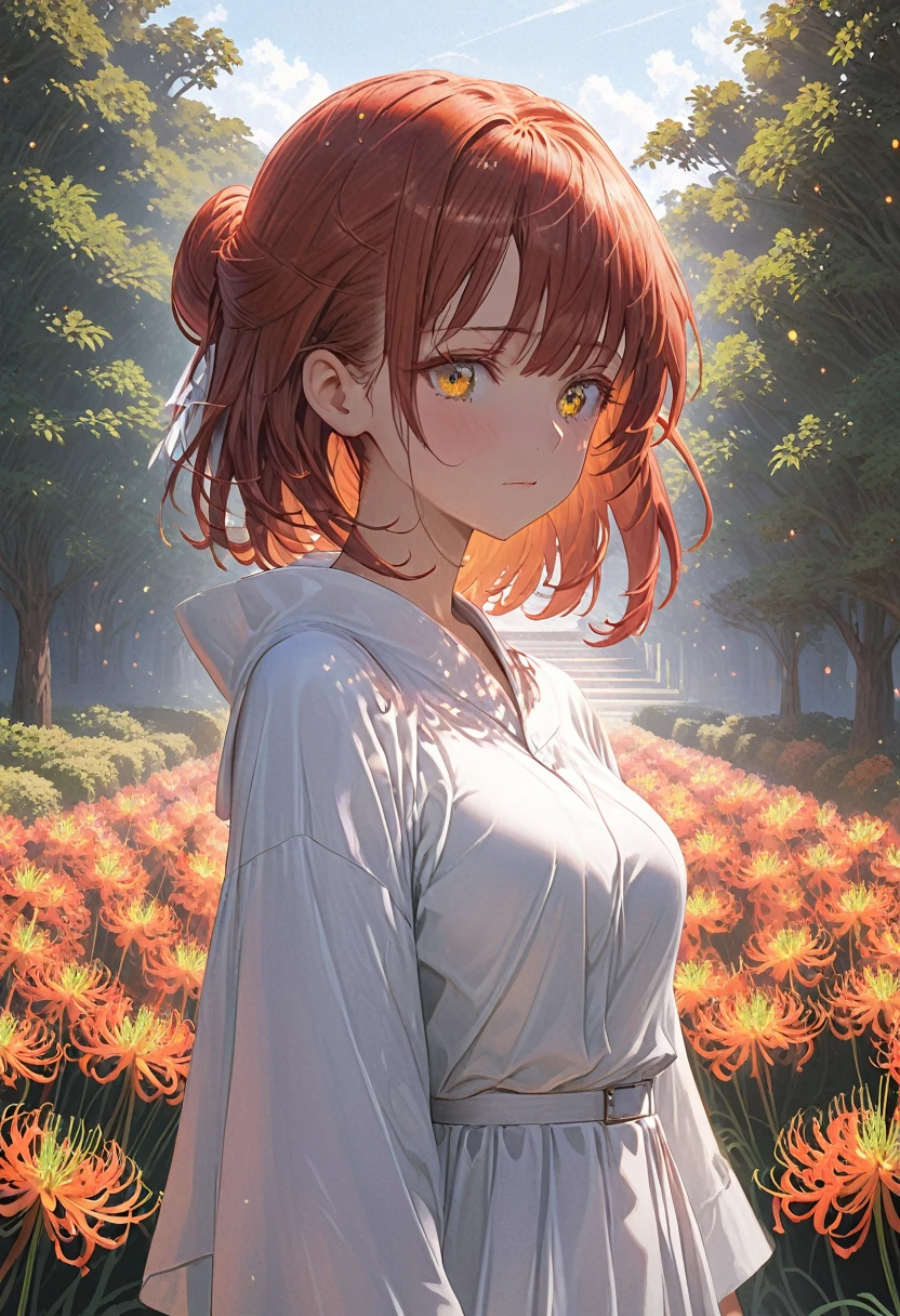 Masterpiece, high definition, anime girl, red hair, yellow eyes, cute anime girl, face of anxiety and vulnerability, ((orange spider lily)), fractal art, Gwaiz, fire rose garden background