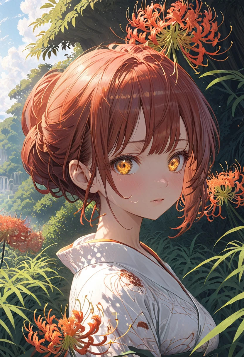 Masterpiece, high definition, anime girl, red hair, yellow eyes, cute anime girl, face of anxiety and vulnerability, ((orange spider lily)), fractal art, Gwaiz, fire rose garden background
