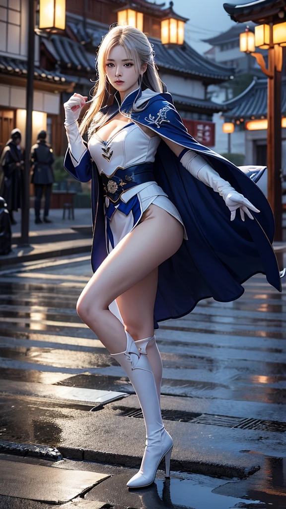 South korea assassin women mystery hooded on with modern royal Blue coat with long and wide sleeves with buttons and royal Blue cape and very high white heel over the knee and white gloves, As she reveals a small secret hidden blade coming from his palm , adding to the character's mysterious and agile appearance, with small movements of air on the cape, jump from roof to roof, in summer at night under the rain,medieval south korea house. sophisticated and highly detailed, ultra hd, realistic, hyper detailed, enhanced colours, ultra sharp focus, with vibrant, rich in details High quality, gorgeous, captivating, 8k, super detailed, stunning shadows, detailed lines, blood stain on coat and gloves, corpses in the street recently murdered