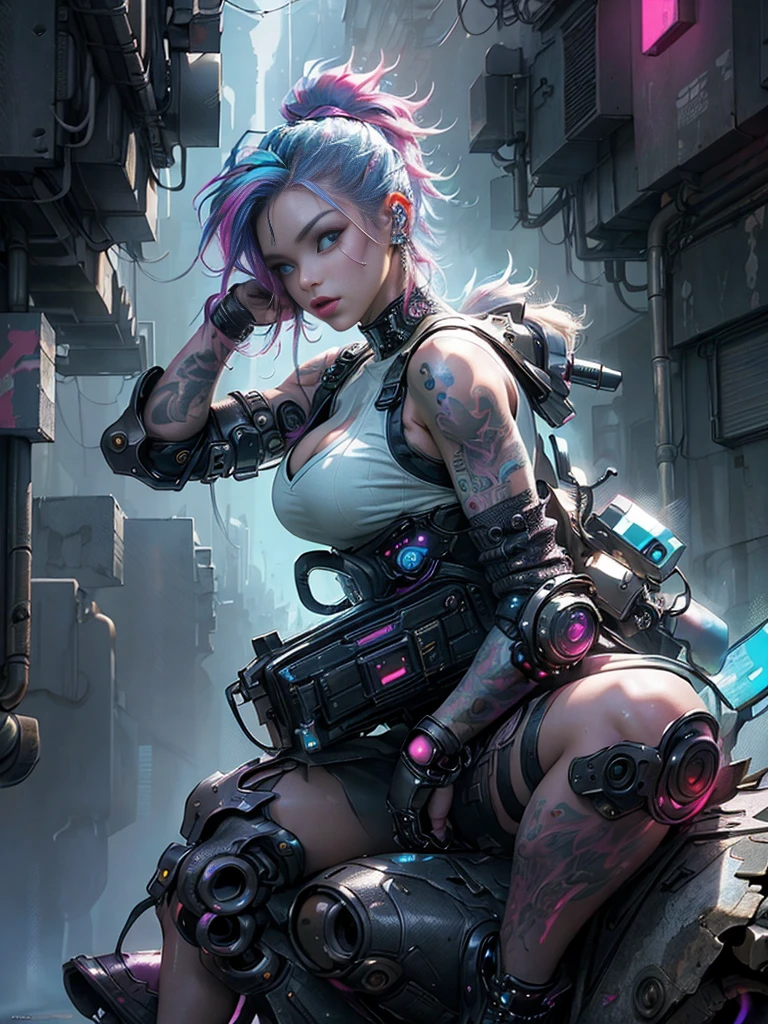 cyber punk Girl,(top-quality、8K、32K、masterpiece、nffsw:1.3)、(The ultra -The high-definition)、(Photorealsitic:1.4)、Raw photography, long neon rainbow colored hair, Perfect vibrant yellow eyes and long detailed eyelashes, huge enormously gigantic tits, cleavage showing, wearing futuristic battle armor, tons of tattoos and piercings, Charming perfect figure,actionpose:1.2,Detailed cyberpunk fashion、futuristic World of Cyberpunk,cherry blossoms blowing in the wind, depth of fields, highly detailed backround,、