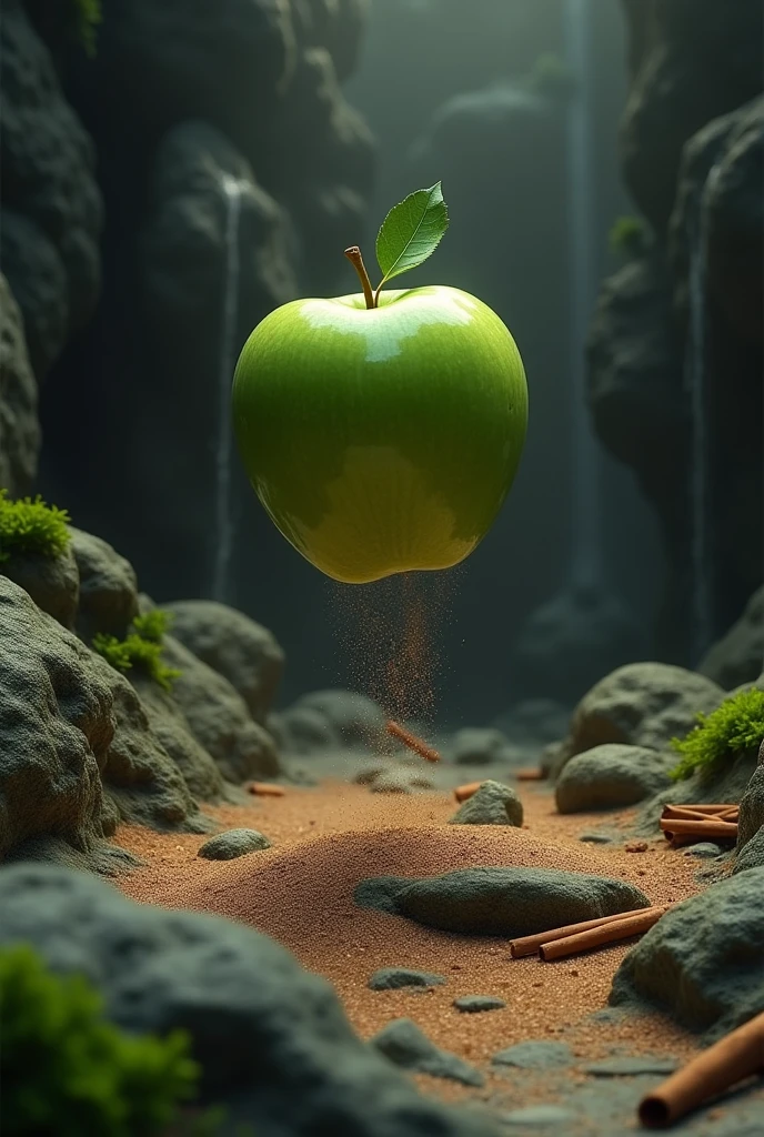 rocks, with green apple in the air and cinnamon with sand ,
in a dark environment, with moss and patchouli