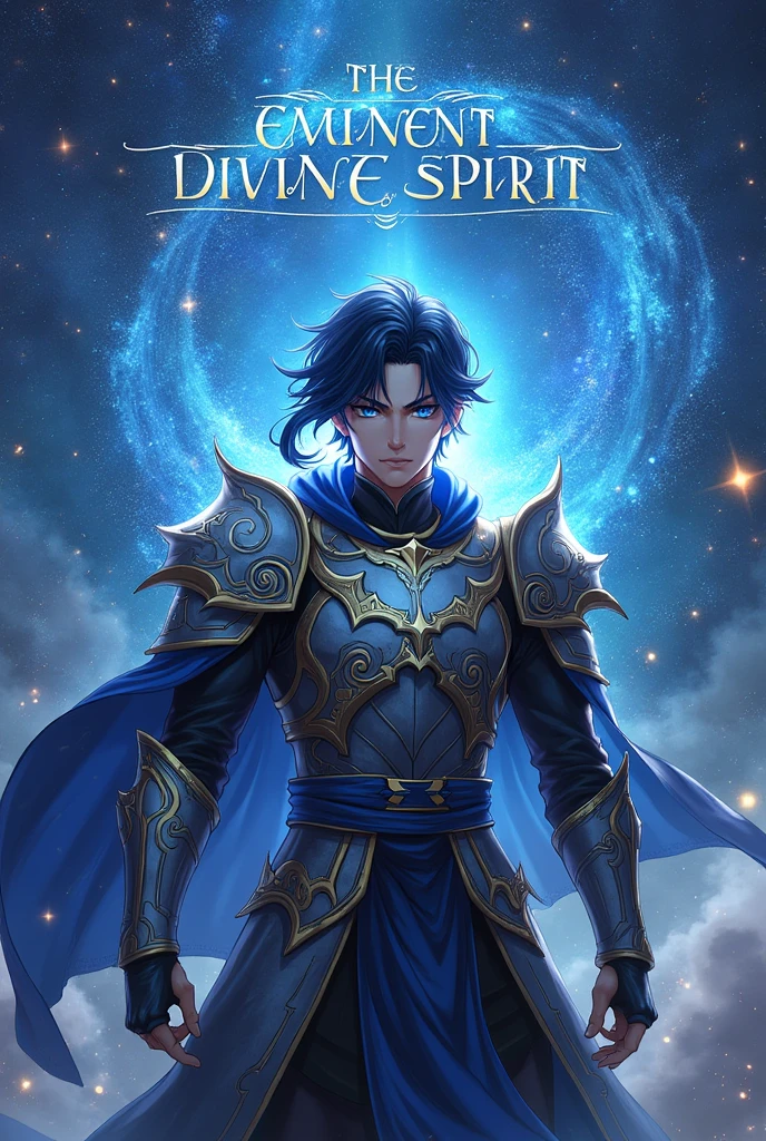 put the name: (The Eminent Divine Spirit), written in the drawing. Create a character, MALE with ARMOR WARRIOR style, JAPANESE ANIME STYLE in a cosmic environment, black hair with a cobalt blue strand in a single hair, cobalt blue eyes. Don't forget to put the name "THE EMINENT DIVINE SPIRIT".