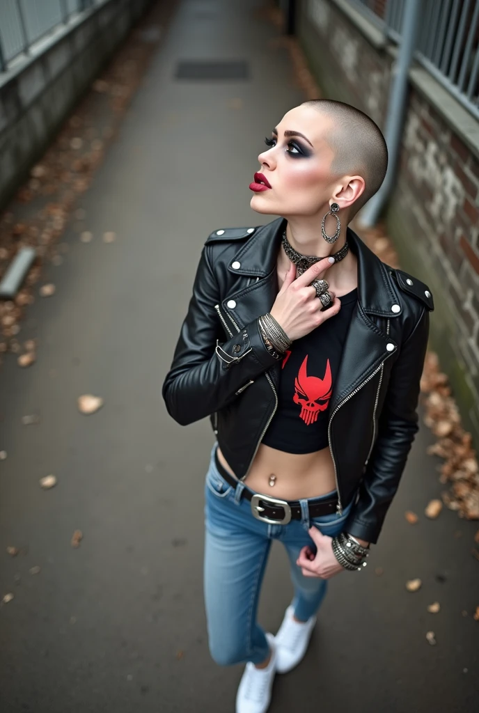 russian milf woman, biker gang member, shaved head, with very light blue eyes, extremely pale, heavy eye shadows. Thin. Sad face, smeared excessive make up and smeared lipstick Wearing black moto jacket, cropped t-shirt with devil logo, skinny blue jeans and white tennis sneakers . Lots of metallic bracelets. Tacky leather belt with oversized, excessive silver buckle. One hand in her neck, the other in one pocket.  Lots of rings. Piercing in belly button.Wide loop earrings. Looks up like talking to God, mouth and eyes open. Bites her lip
