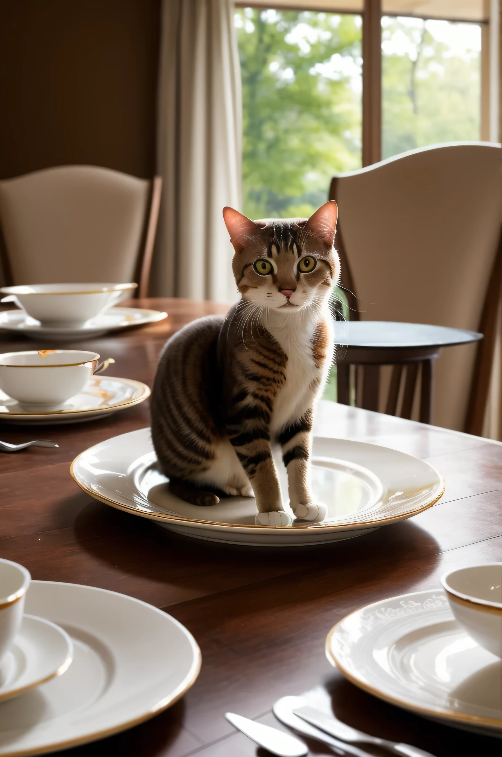 highres, masterpiece|best quality, ultra-detailed 8k wallpaper, (extremely clear)|(realistic:0.7|reflections:0.4),
cat sitting at a fine dining table, wearing a tiny crown, crystal and porcelain plateware wealthy luxurious opulent mansion
f/1.4 200mm zoom depth of field ultra sharp photograph, (bright morning sunlight shining:1.2) (masterpiece:1.2) (photorealistic:1.2) (bokeh) (best quality) (detailed skin) (intricate) (8k) (HDR) (cinematic lighting) (sharp focus)