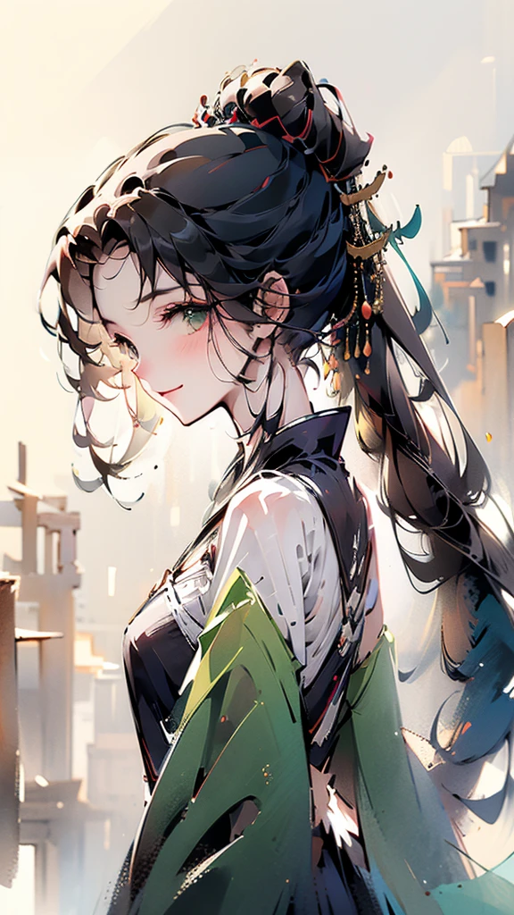 short girl, 1girl, solo, masterpiece, highres, solo, 8k, detailed, perfect face, best quality, (ultra high quality), (looking at viewers), (armpit), bare arms, small breast, sideboob, black hair, long hair, ponytail hair, hair bangs, green eyes, chinese dress, traditional dress, green dress, slim body, upper body, smile, hand up
