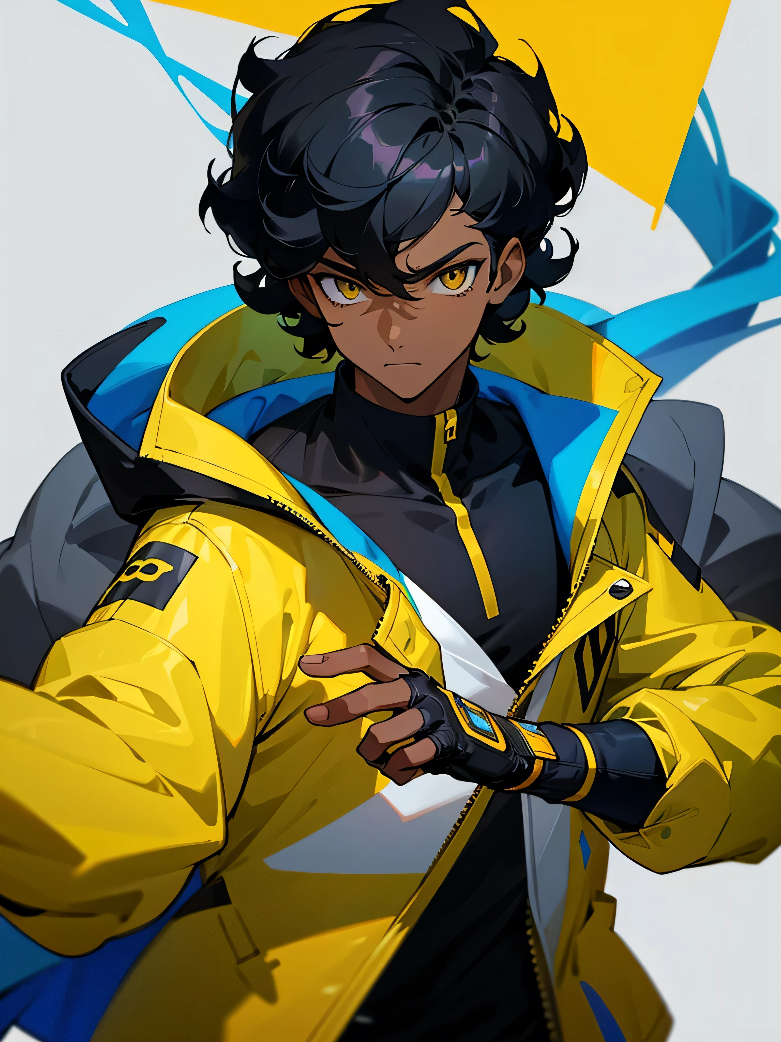 Image of a dark skinned man with curly black hair wearing a yellow shirt and a white jacket with blue details on top and wearing black fingerless gloves, com design based on the style of a pokemon trainer.