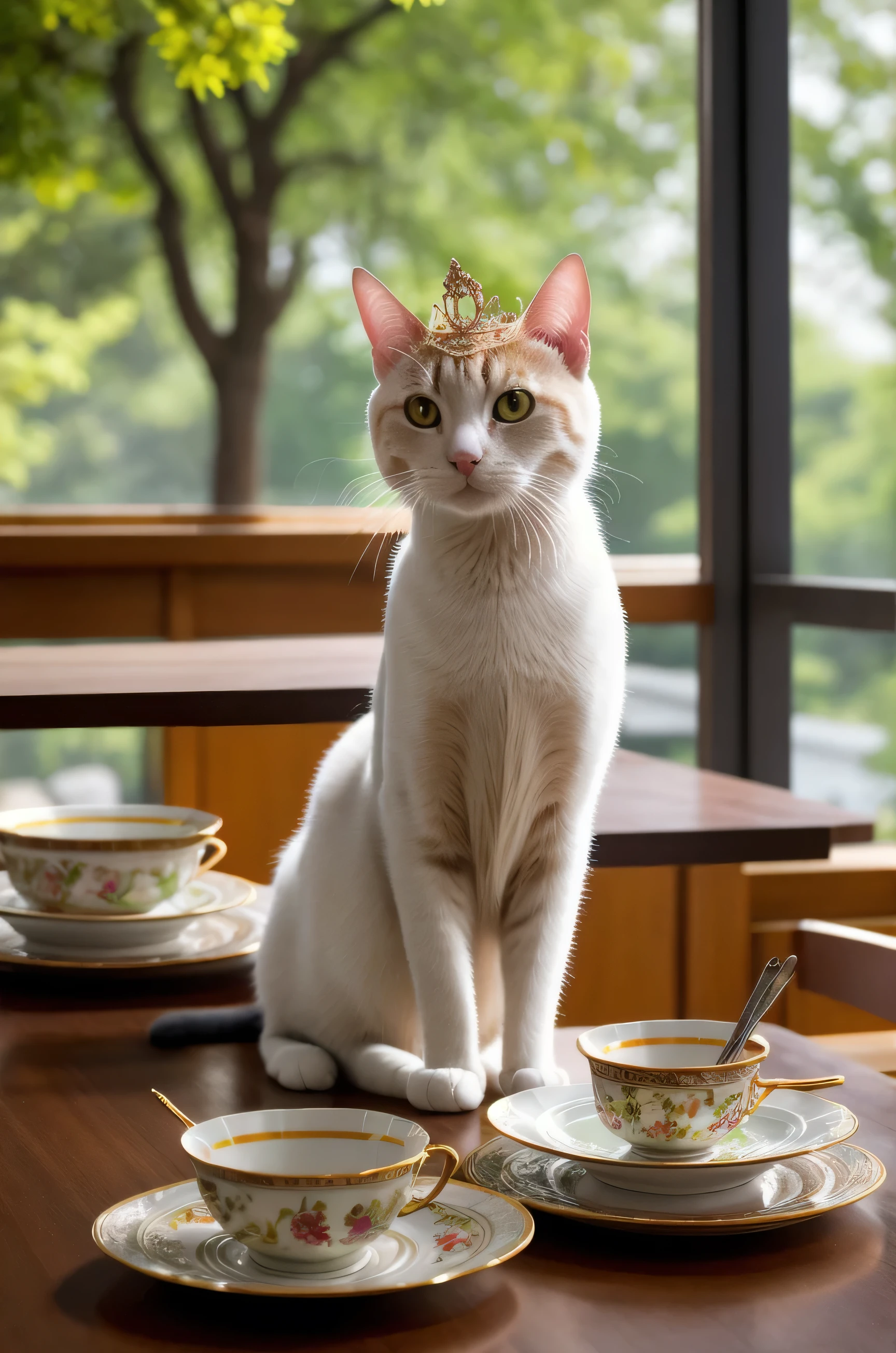 highres, masterpiece|best quality, ultra-detailed 8k wallpaper, (extremely clear)|(realistic:0.7|reflections:0.4),
cat sitting at a fine dining table, wearing a tiny crown, crystal and porcelain plateware wealthy luxurious opulent mansion
f/1.4 200mm zoom depth of field ultra sharp photograph, (bright morning sunlight shining:1.2) (masterpiece:1.2) (photorealistic:1.2) (bokeh) (best quality) (detailed skin) (intricate) (8k) (HDR) (cinematic lighting) (sharp focus)