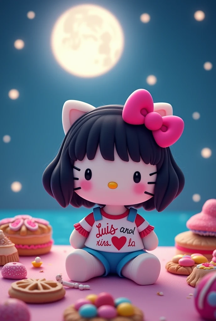 Hello Kitty with half wavy black hair up to her neck, she has a pink bow, she has a shirt that says Luis and Gianela and a heart, sitting watching the full moon, she has shorts and bracelets, and a heart-shaped necklace. and has sweets next to it