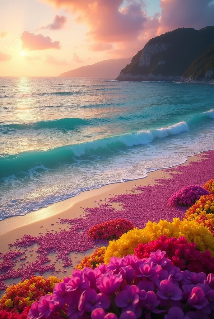 A fantasy world without people. An ocean that doesn't exist in the real world. A sandy beach full of flower petals.