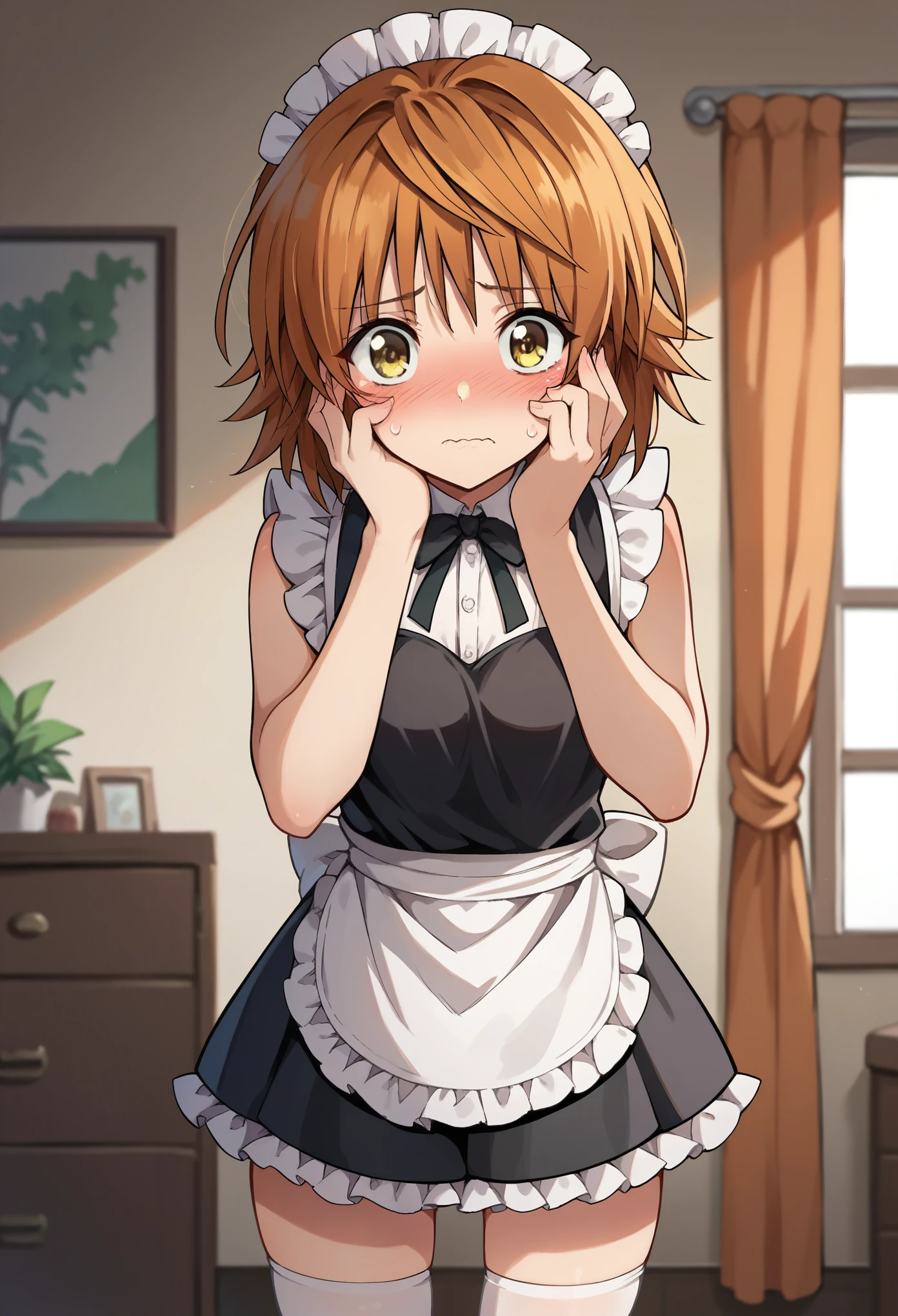 score_9, score_8_up, score_7_up, 1girl, solo, yuusaki riko, yellow eyes, brow hair, medium hair, spiked hair, maid suit, sleeveless, black suit, white thighhighs, standing, nervous, blushing, hands on face, cowboy shot, looking at you, bedroom