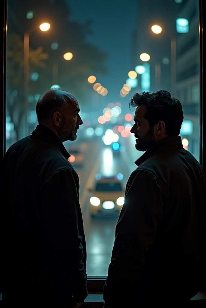 2 men watching an accident from a window and one of the men with a shocked face, but don't look at each other, just look outside