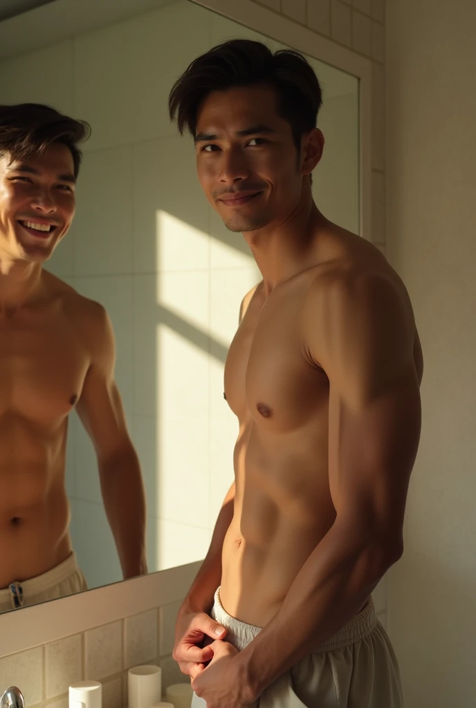 Asian young man, Vietnamese, naked, hands kneading crotch, standing looking in the mirror, smiling at the mirror, big penis , Muscular and well-proportioned, Seductive eyes