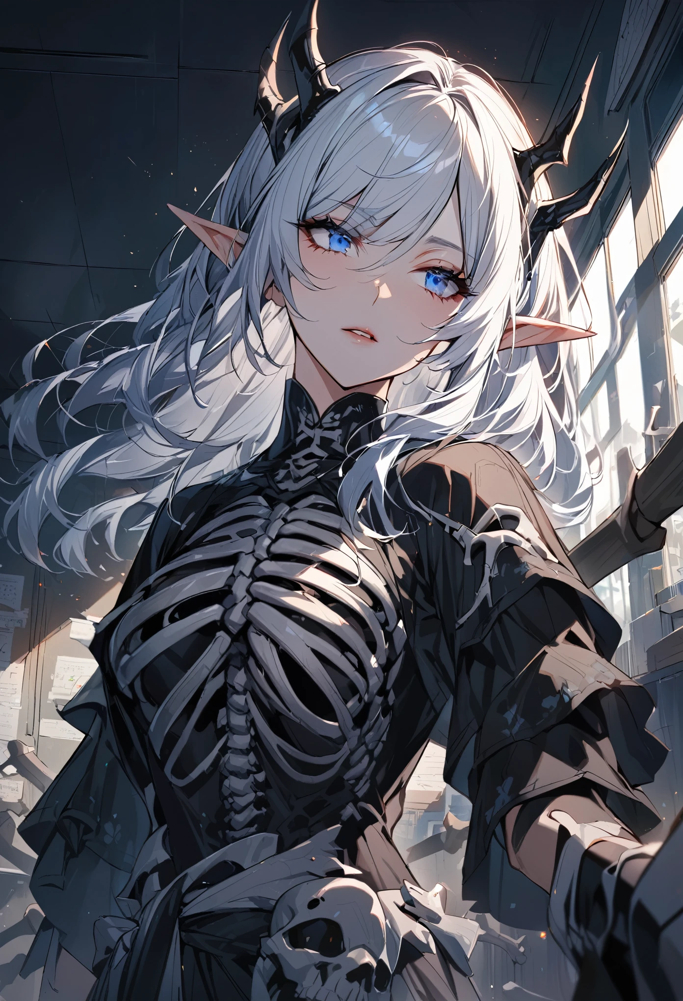 Pretty elf woman, Mature, 1 woman, in dark classroom, wearing dark beautiful clothes, long white hair, elf ears, blue eyes, bones on clothing, black make up, focus on waist up, looking forward
