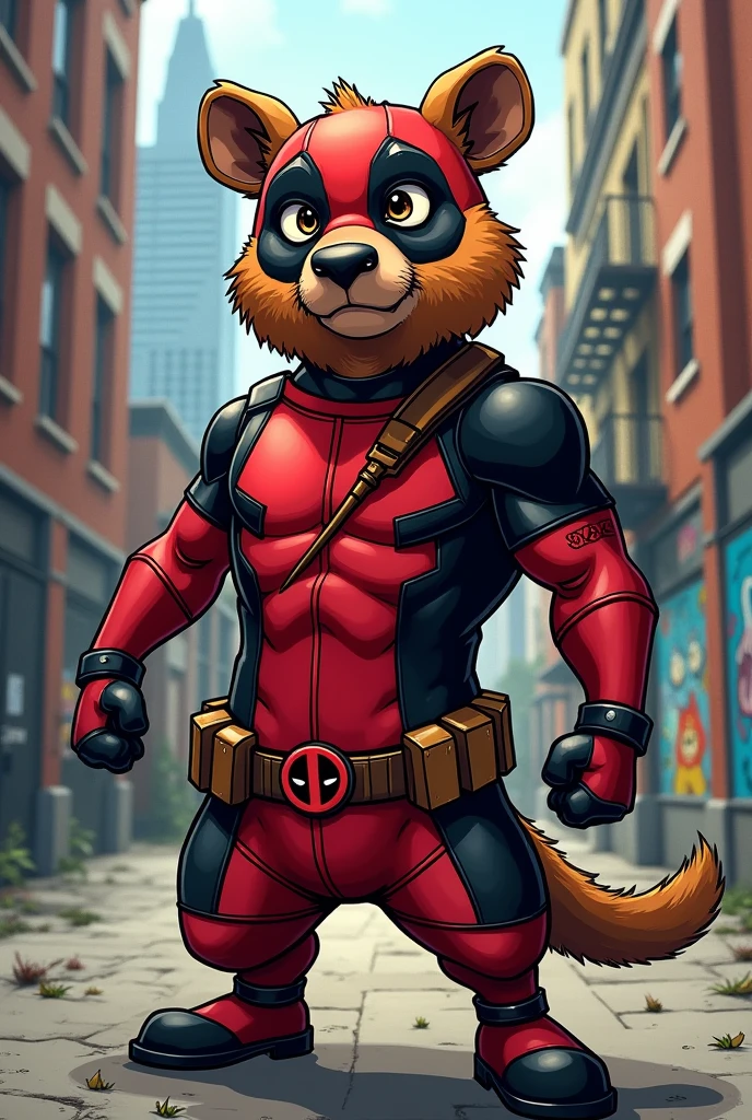 a humanoid capybara wearing the Deadpool uniform without the mask
