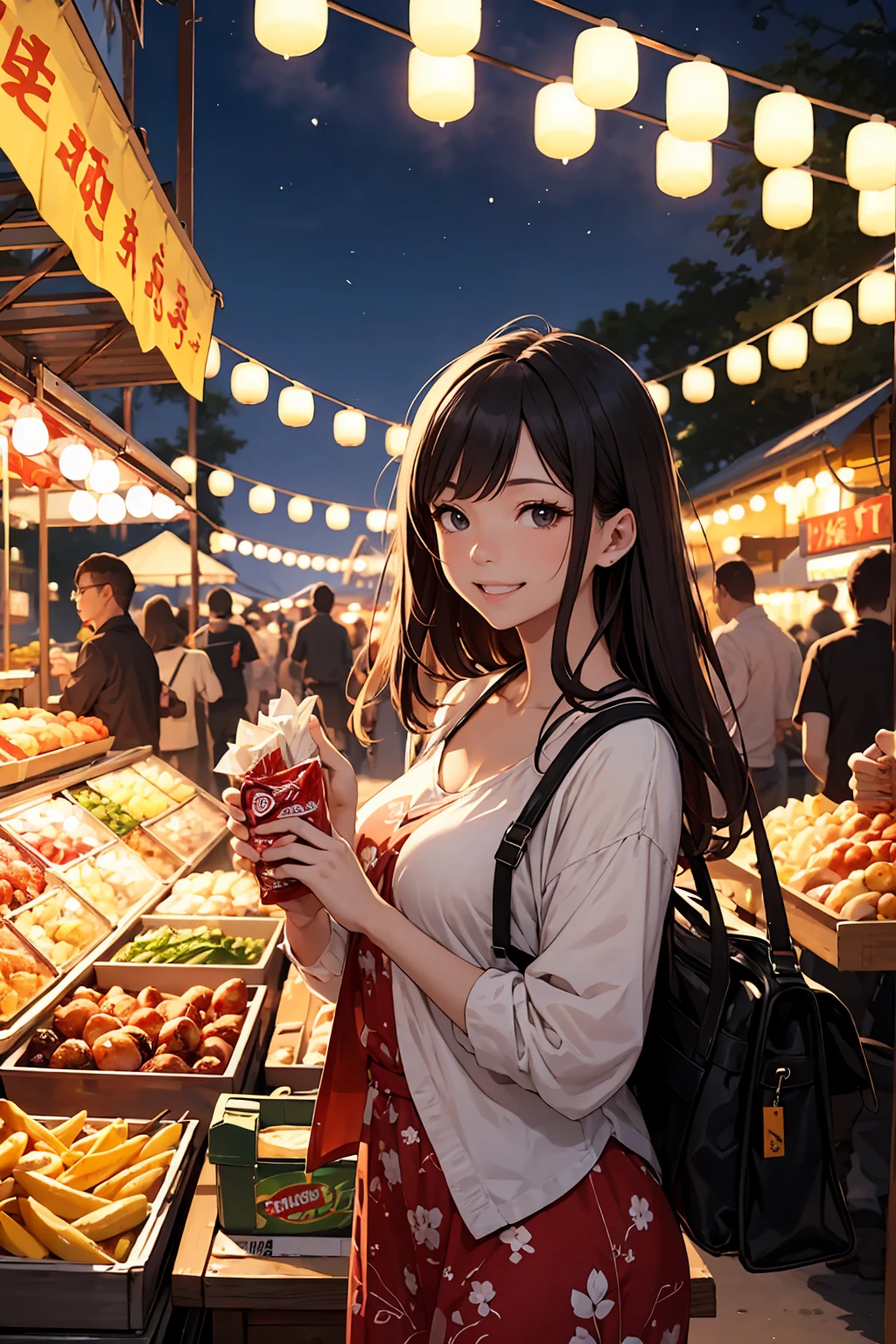 Vibrant night market. Woman wearing casual clothes, Carrying snacks, Her face is full of joy and satisfaction.